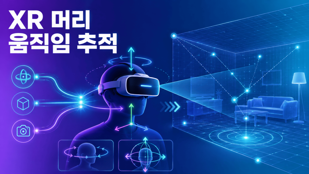 VR·AR 헤드셋 사용자의 머리 회전과 위치 이동을 센서와 공간 좌표로 추적하는 원리를 표현한 이미지